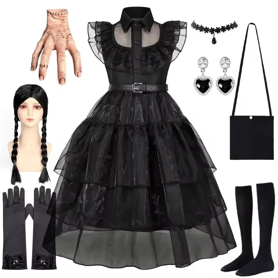 Black Dress Girls TV Series Role Playing Halloween Costume Toddler Adams Weirdo Family Cosplay Apparel Badiee Stylez