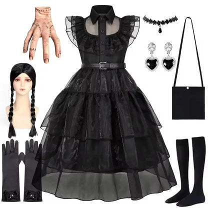 Black Dress Girls TV Series Role Playing Halloween Costume Toddler Adams Weirdo Family Cosplay Apparel Badiee Stylez
