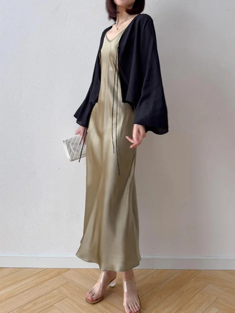 SuyaDream Woman Long Dress, 100%Real Silk, V Neck, Solid Spaghetti Strap Dresses, 2025 Elegant Chic Clothes Badiee Stylez