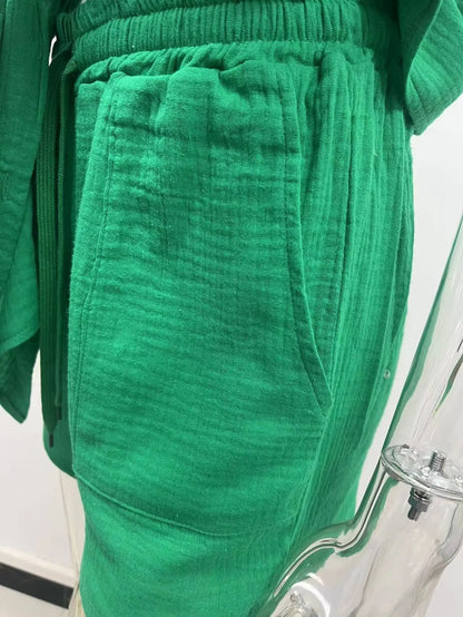 Summer cotton and linen solid color shirt short sleeved casual shorts set