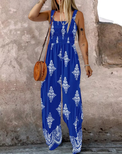 2025 Summer Female Jumpsuits with Pockets Fashion Printing Wide Legs High Waist Women's Rompers Sleeveless Strap Pants Trousers Badiee Stylez
