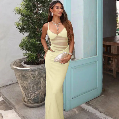 Mesh Thin Shoulder Strap Women's Plus Size Dress Sexy High Street Low Collar Patch Long Robe Women's Party Vest yellow