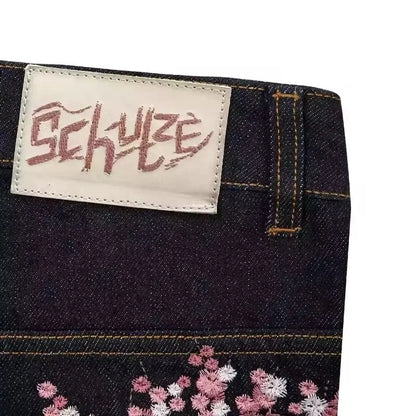 Streetwear Vintage Sakura Jeans Y2K Mens Womens Harajuku Hip Hop Embroidery Retro Black Baggy Jeans Low Waist Wide Leg Trousers