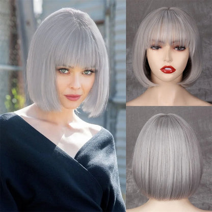 HAIRJOY Women Short Straight White Bob Wig with Bangs Synthetic Hair for Daily Party Cosplay Halloween grey 10inches