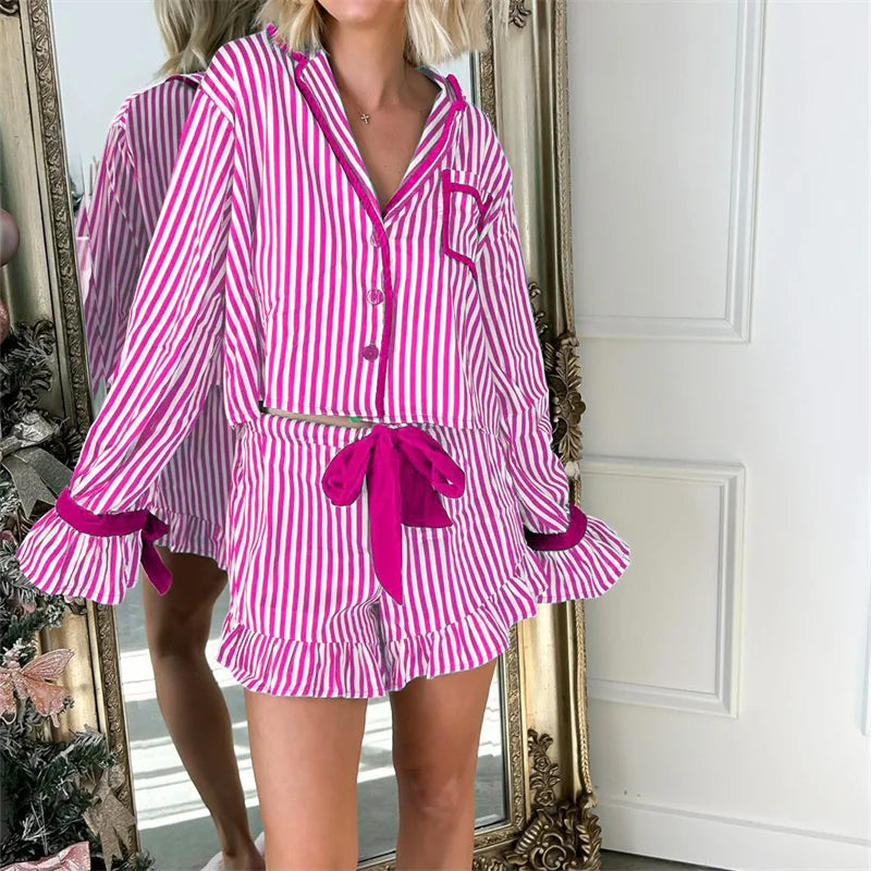 Striped Loungewear Christmas Pajamas Shorts Set Women Y2k Cute Bow Tie Pjs Button Up Shirt+Ruffle Shorts 2 Piece Sleepwear Rose red