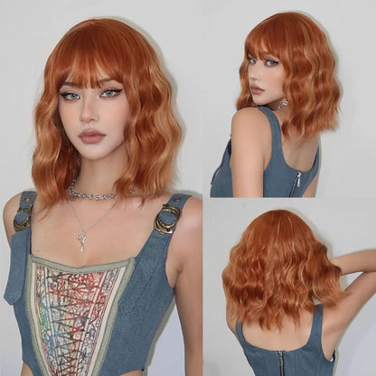 Allbell Magique Short Wavy Wig Bob Curly Wig With Bangs Dirty Orange Lolita Wigs Natural Synthetic Wig For Woman Heat Resistant WL1189-1 CHINA
