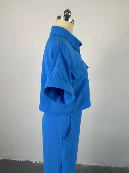 Women's Two Piece Sets Spring Summer Casual Solid Turn-down Neck Short Sleeve Loose Top & Wide Leg Pants Set Streetwear Outfits