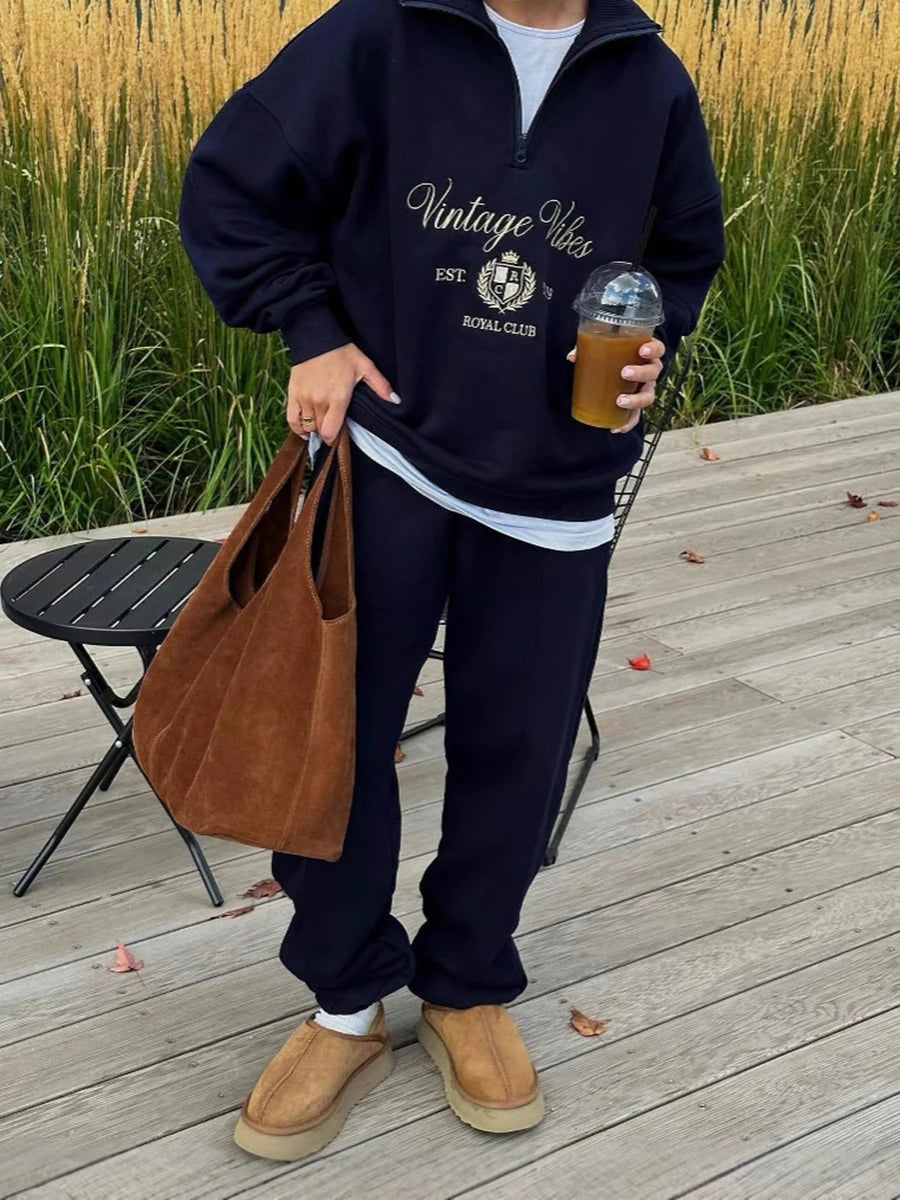 Vintage Letter Embroidery Sweatshirt Women Zipper Lapel Collar Long Sleeve Sweatshirts Autumn Streetwear Fashion Sport Pullovers