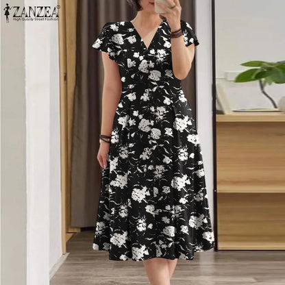 ZANZEA Woman Summer Dresses Ruffle Sleeve V-Neck Cinch Waist, Womens Elegant Floral Printing Party Commute A-Line Midi Sundress