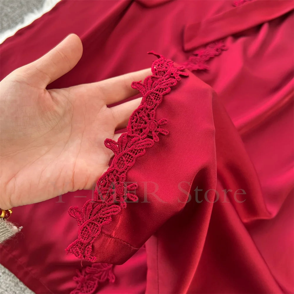 Sexy Embroider Edge Lady Kimono Bathrobe Dress Gown Mesh Sleeve Wedding Long Robe Sleepwear Loose Silk Satin Nightwear Lingerie