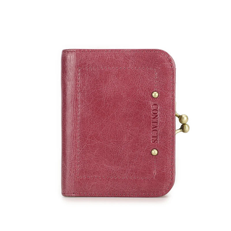 CONTACT'S Genuine Leather Short Wallets for Women Kiss Lock Classic Wallet Metal Frame Coin Purses Card Holder Money Clip Bags Rose Tan CHINA