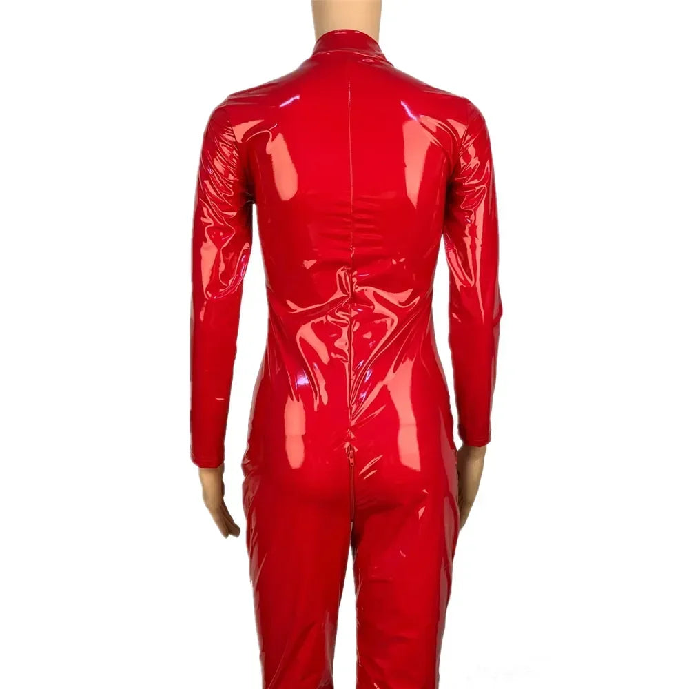 2025 Halloween Women's Wet Look Shiny PU Faux Leather Jumpsuit Suit Long Sleeve Zipper Open Crotch Latex Bodysuit Clubwear Badiee Stylez