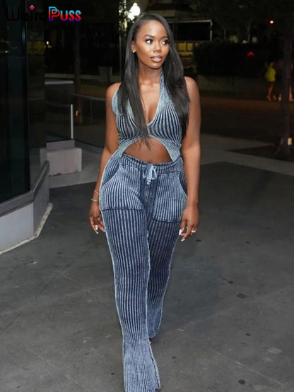 Weird Puss Patchwork Striped Women Casual 2 Piece Set Crochet Halter Low-Neck Vest+Pocket Pants Stretch Skinny Matching Suit Badiee Stylez