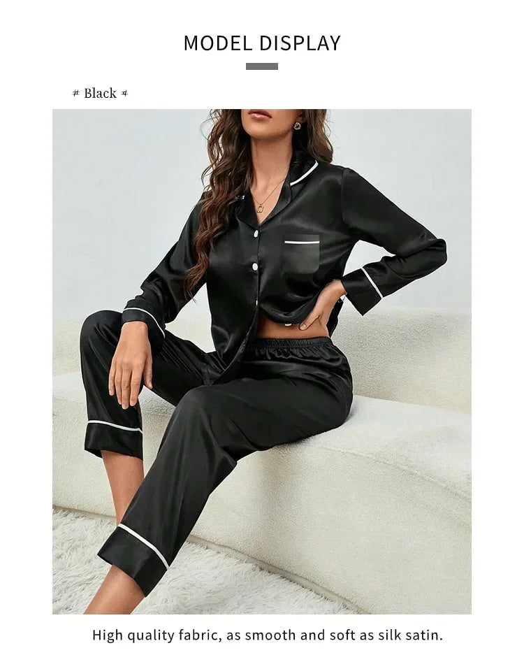 Spring Autumn Silk Pajamas Set for Women Casual Soft Nightwear Long Shirt Tops and Long Pants Cardigan Sleepwear Homewear