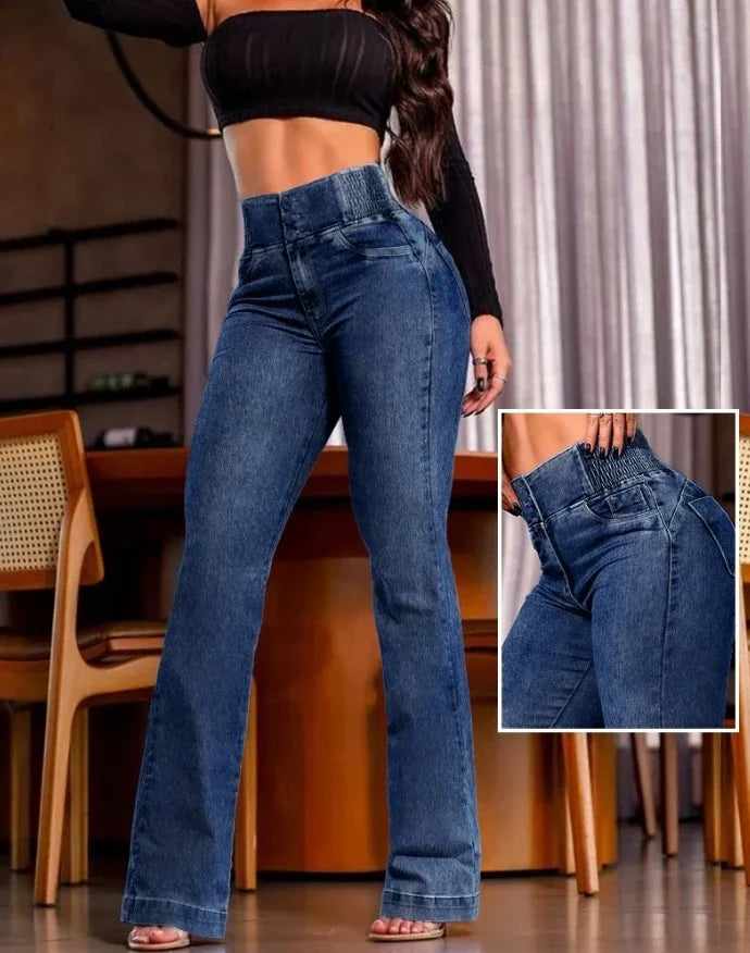 Sexy Elegant New Fashion 2024 Casual Female Trouser Bottom Back Shirred Button Front High Waist Jeans C S