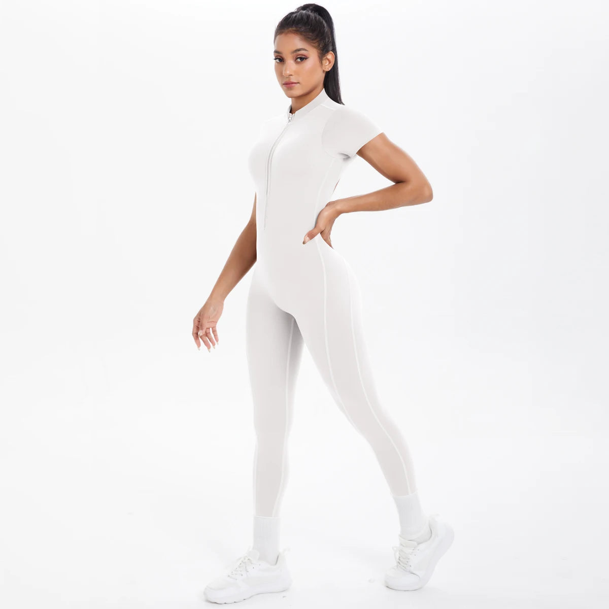 Short Sleeved Fitness Jumpsuit for Woman Bodysuits Backless Solid Color Scrunch One-Piece Suit Half Zipper Gym Yoga Sets Womens