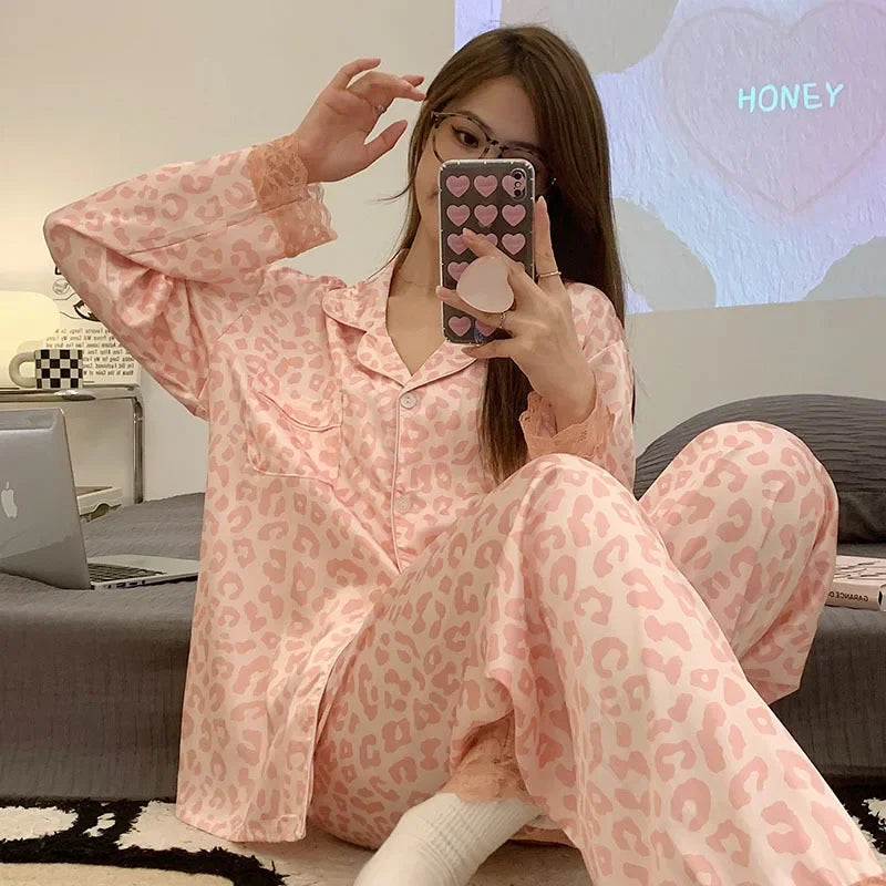 Korean Style Women's Two-piece Pajamas Sets Fashion Flower Print Faux Silk Satin Sleepwear Female Long Sleeve Pants Housewear 21