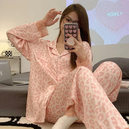 Korean Style Women's Two-piece Pajamas Sets Fashion Flower Print Faux Silk Satin Sleepwear Female Long Sleeve Pants Housewear 21