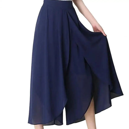High Waist Pants See-through Chiffon Trousers Chic Women's Chiffon Skirt Pants Double Layered Wide-leg Mid-calf Cropped for A dark blue