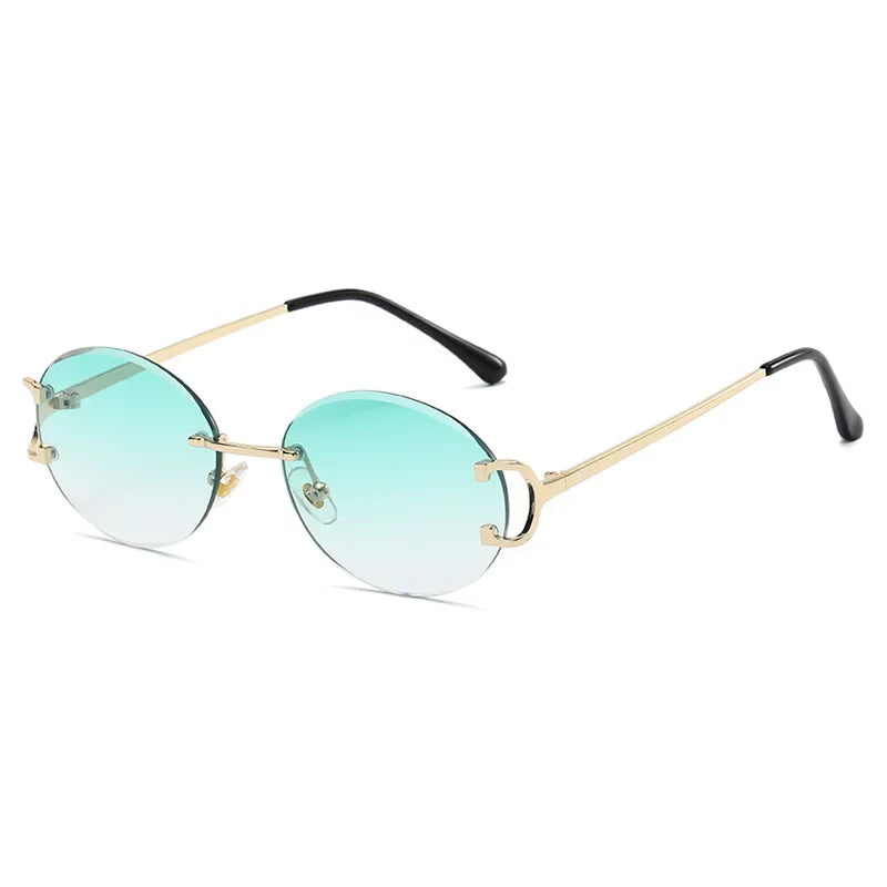 Trendy Sunglasses For Woman Summer Rimless Sunglass Oval Fashion Brand Designer Shades Pink Women's Sun Glasses UV400 Gold Gradient Green As picture