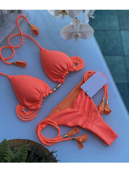 New Women Bikini Backless Rope Triangle Swimsuit Multicolor 8259
