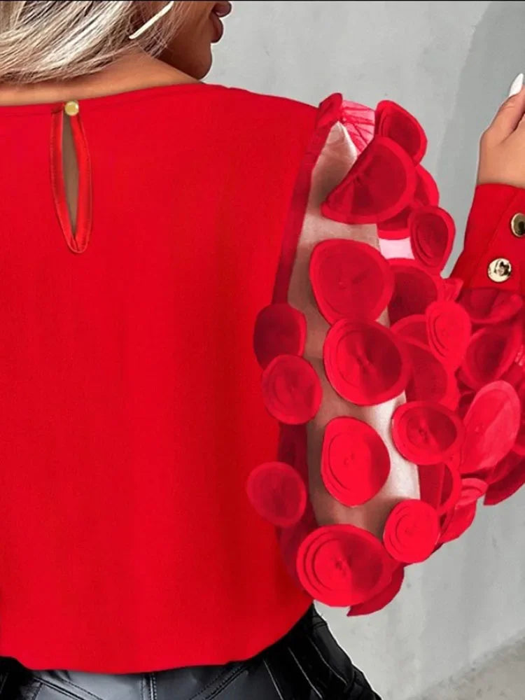 2025 Shirts For Women Fashion Simple O-Neck Red Lace Floral Sheer Mesh Patchwork Pullover female's Blouse