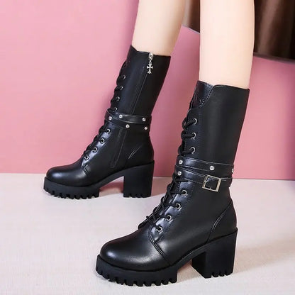 Winter New Solid Color Thick Sole Increase Buckle Design Model Boots Round Head Square Heel Non-slip Women's Mid-calf Boots Badiee Stylez