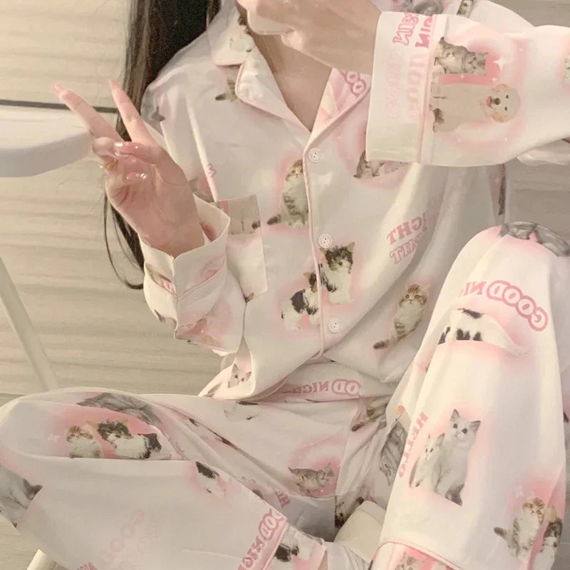 Korean Style Women's Two-piece Pajamas Sets Fashion Flower Print Faux Silk Satin Sleepwear Female Long Sleeve Pants Housewear 14