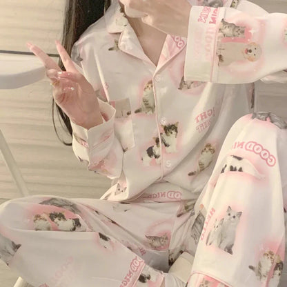 Korean Style Women's Two-piece Pajamas Sets Fashion Flower Print Faux Silk Satin Sleepwear Female Long Sleeve Pants Housewear 14