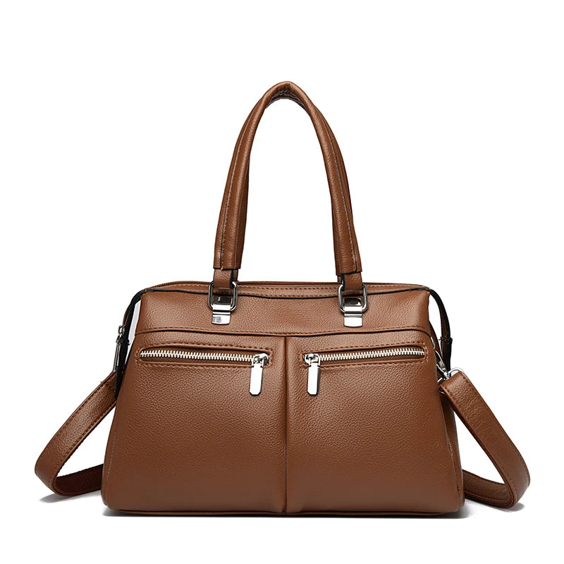 Two Pockets Genuine Brand High Quality Leather Casual Tote Luxury Handbags Women Bags Designer Shoulder Hand Bags for Women Sac Yellow Brown