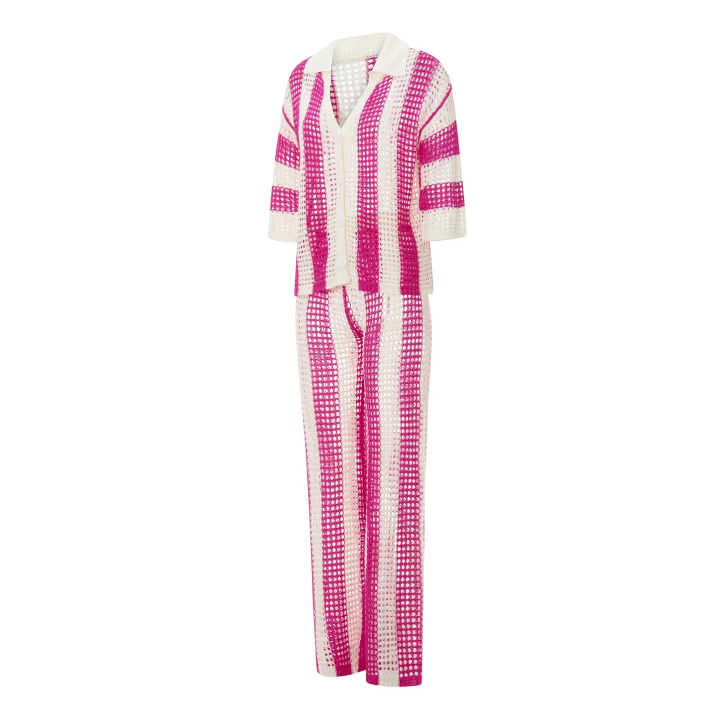 Women With Summer V-neck Button Top & Wide Leg Pants Suits Spring Crochet Hollow Knitted Set Woman 2 Pieces Striped Print