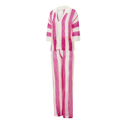 Women With Summer V-neck Button Top & Wide Leg Pants Suits Spring Crochet Hollow Knitted Set Woman 2 Pieces Striped Print