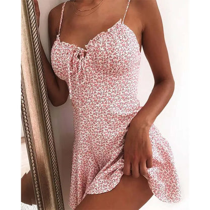 Floral Print A Line Mini Dresses Sexy Lady Dating Camisole Strapless Backless Dress Boho Solid Beach Clothing