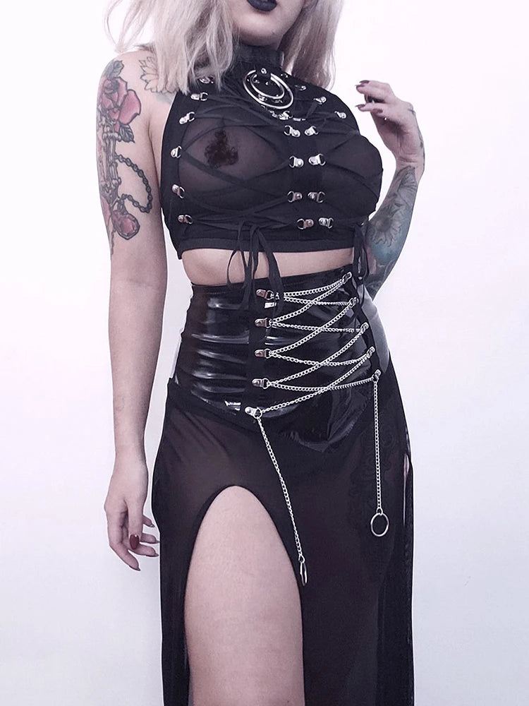 Gothic Punk Ring Halter Top Bodycon Lace Up Crop Bandage Tank Tops Y2k Mesh T Shirt Exotic Vest Sexy Hollow Out Backless Caims