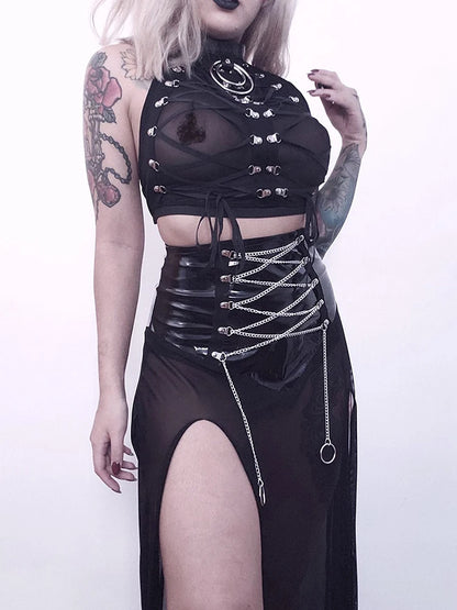 Gothic Punk Ring Halter Top Bodycon Lace Up Crop Bandage Tank Tops Y2k Mesh T Shirt Exotic Vest Sexy Hollow Out Backless Caims