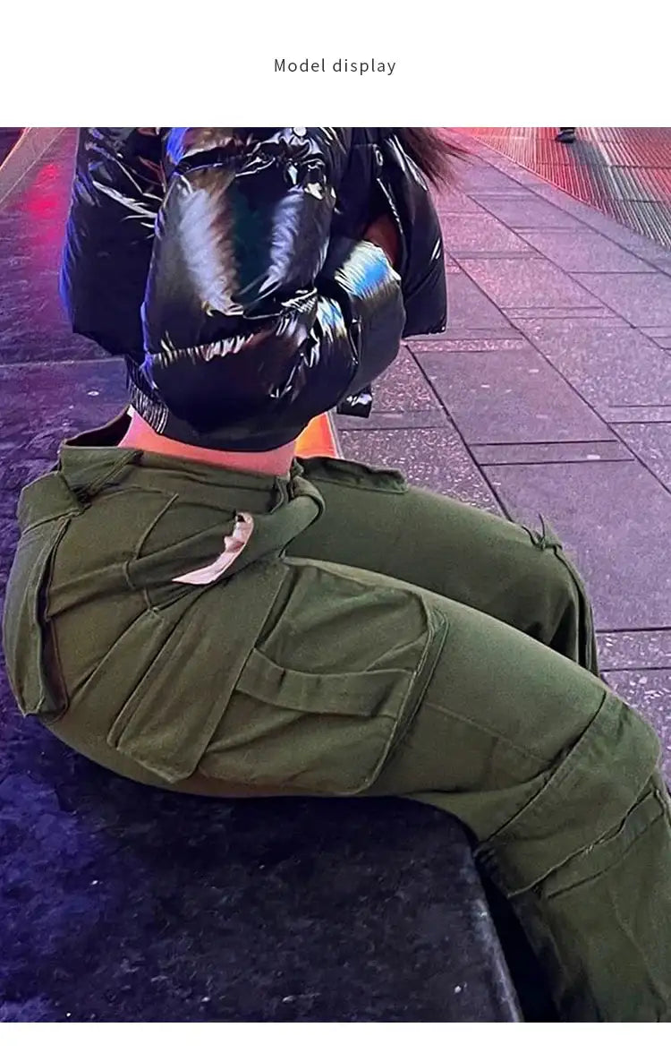 Womens New Denim Cargo Pants Retro Loose Trousers Multi Pocket Hip Hop Jeans Streetwear Wide Leg Casual Straight Pants TC708321