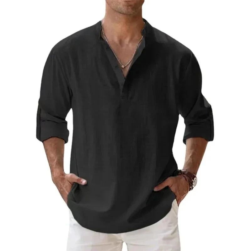 Streetwear Men Lightweight Shirts Long Sleeve Henley Cotton Linen Shirts for Men Beach Hawaiian Shirts Breathable Collar Tshirts Badiee Stylez
