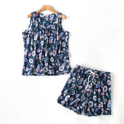 Hzioiys Summer Pajamas Sets Cotton Sleepwear Suit Women Casual Pajama Sets Cartoon Vest Shirt + Shorts Pajamas Suit Plus Size