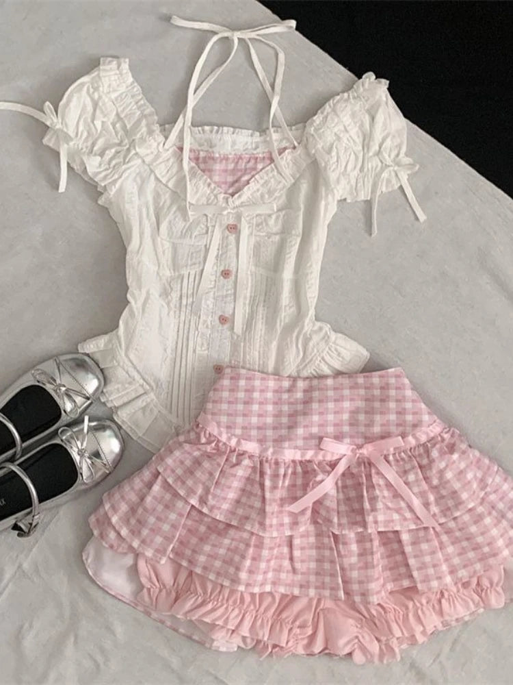 Summer Japanese Sweet Cute Women Outfits Bubble Sleeve Top + Pink Plaid Cake Skirt Harajuku Pure Desire Slim Two Piece Sets 2025