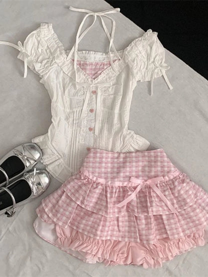 Summer Japanese Sweet Cute Women Outfits Bubble Sleeve Top + Pink Plaid Cake Skirt Harajuku Pure Desire Slim Two Piece Sets 2025