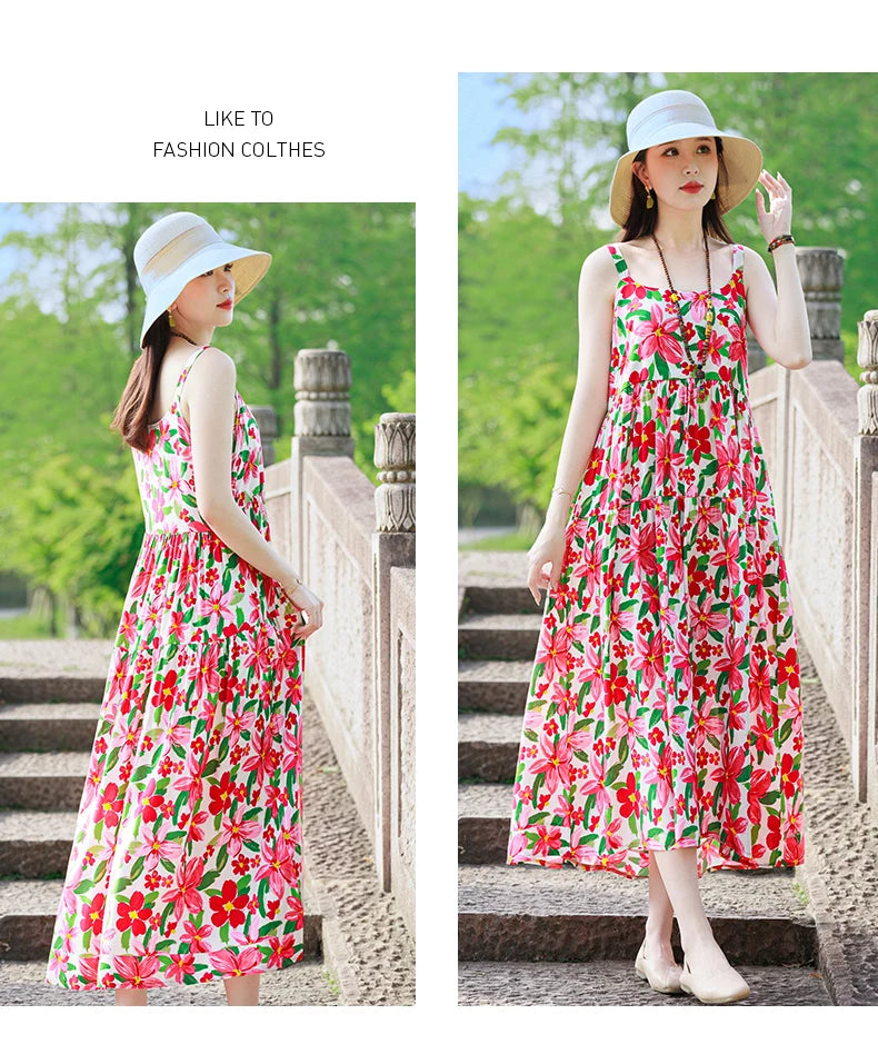 New Fashion Casual 2025 Summer Elegant Dresses For Women O-Neck Print Vintage Sleeveless Dress Loose Women Clothing