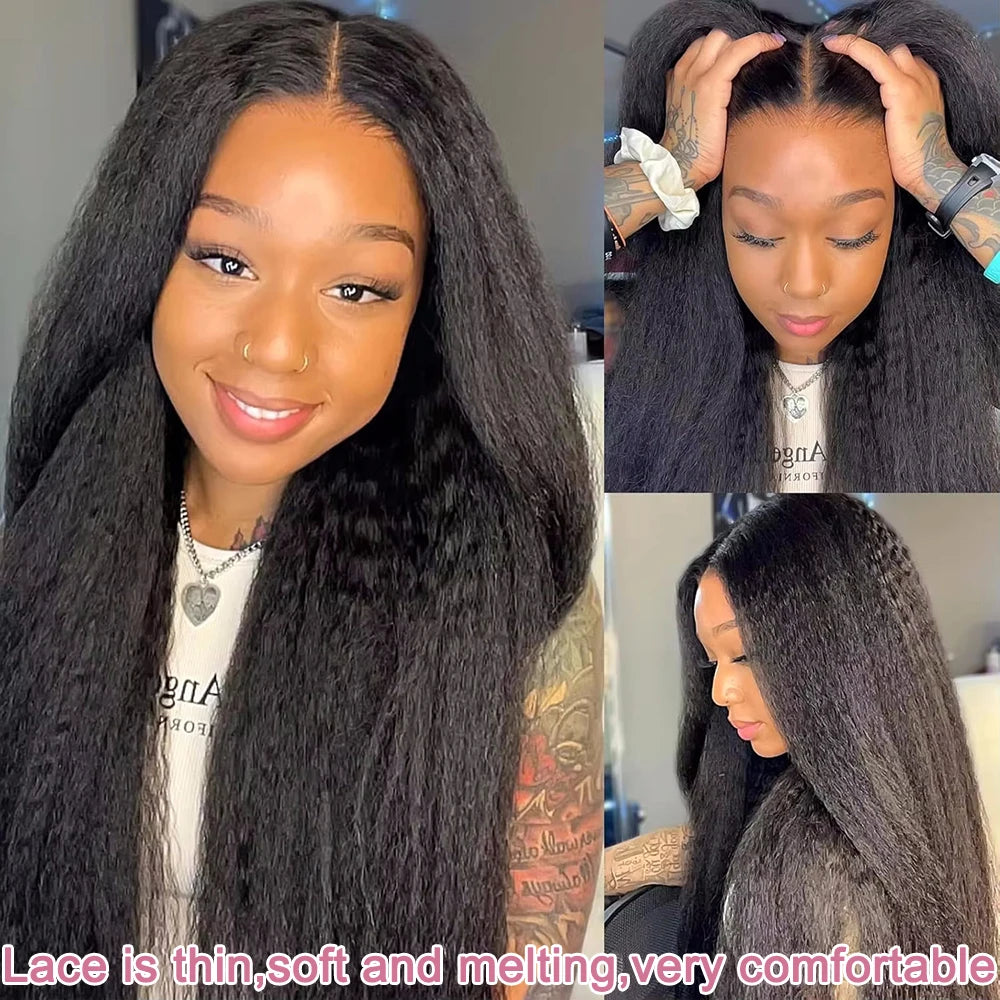 High Density Kinky Straight 360 Lace Front Wigs Human Hair Brazilian 40 Inch Yaki Straight 13x6 HD Lace Frontal Wig Preplucked