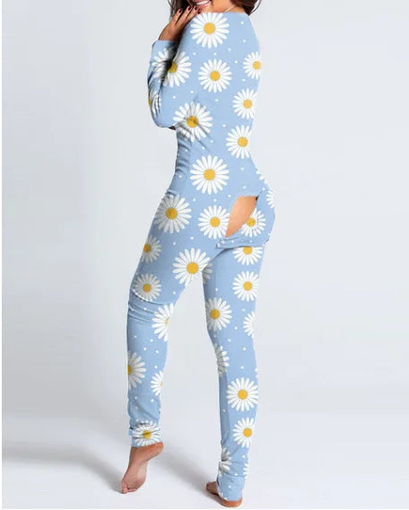Sexy Pyjama Women's Jumpsuit Suit Button-down Front Back Butt Bum open Ass Flap Jumpsuit Loungewear Christmas Print Buttoned Light blue Daisy