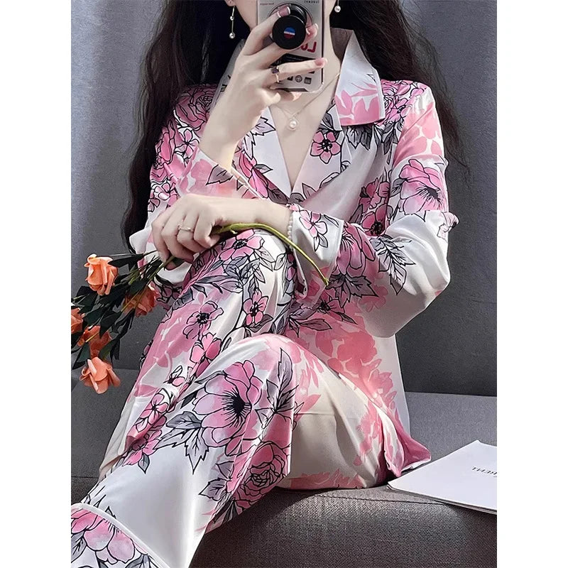 Korean Style Women's Two-piece Pajamas Sets Fashion Flower Print Faux Silk Satin Sleepwear Female Long Sleeve Pants Housewear
