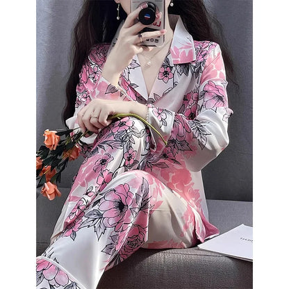 Korean Style Women's Two-piece Pajamas Sets Fashion Flower Print Faux Silk Satin Sleepwear Female Long Sleeve Pants Housewear
