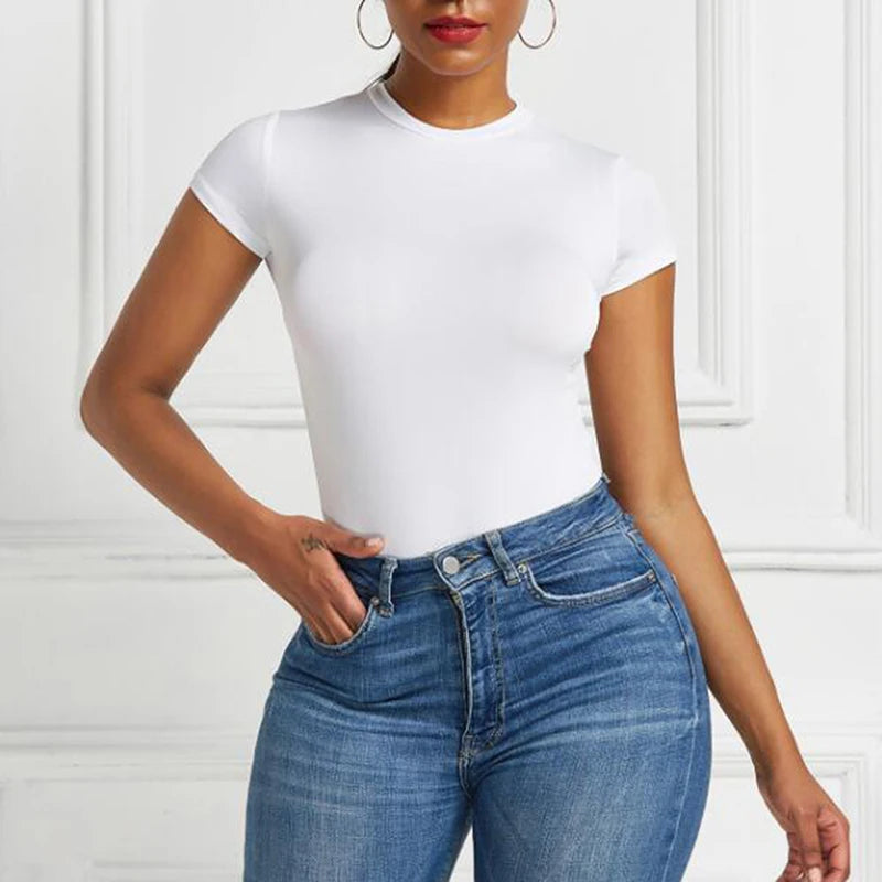 Solid One Piece Bodysuit Short Sleeve O Neck Sexy Open Basic Overalls Women Tight Fitting Body Top Skinny Female White