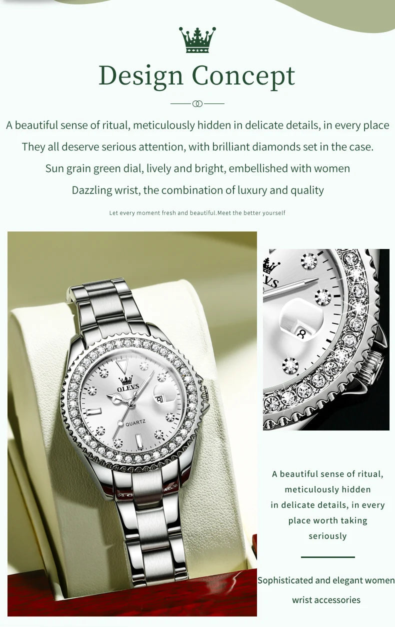OLEVS Original Diamond Dial Quartz Watch for Women Fashion Elegant Ladies Watches Stainless Steel Waterproof Women's Wristwatch