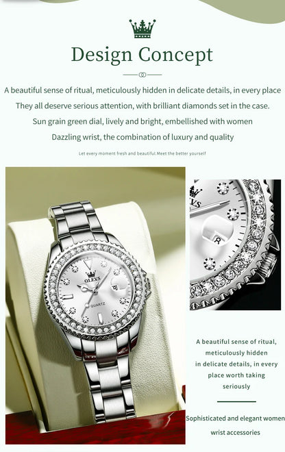 OLEVS Original Diamond Dial Quartz Watch for Women Fashion Elegant Ladies Watches Stainless Steel Waterproof Women's Wristwatch