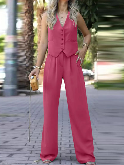 casual sleeveless suit set office lady spring summer elegant slim v-neck blazer tops pants two piece set women outfit 2024 Rose Red