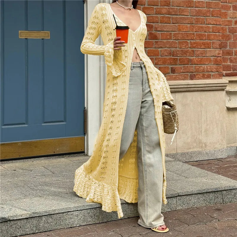 hirigin Button Front Long Sleeve Sheer Open-knit Long Cover-up Jacket Women Autumn Beach Vacation Outfit Maxi Cardigan E